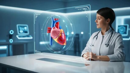 Female doctor examining holographic heart model in modern clinic - Powered by Adobe