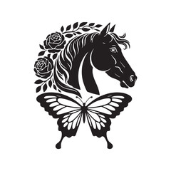 Horse Head with Roses and Butterfly Silhouette flowers
