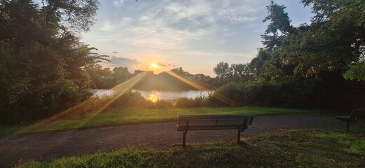 A dramatic golden sunset over the Hackensack River in New Jersey.