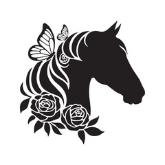 Horse Silhouette with Butterfly and Roses Keywords: horse, silhouette, animal, equine, butterfly
