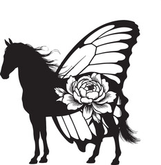 Horse Silhouette with Butterfly Wings and Rose vector