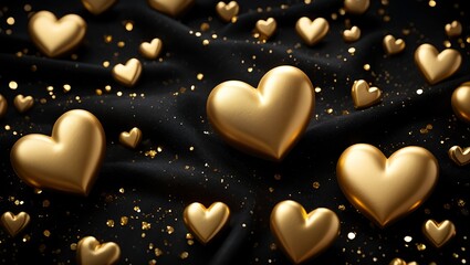 Luxurious Gold Hearts Valentine's Background: Gold metallic hearts floating over rich velvet with elegant lighting and glitter