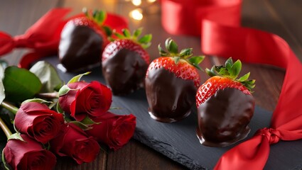 Valentine&rsquo;s Chocolate-Dipped Strawberries with Red Roses and Ribbons on Slate Board
