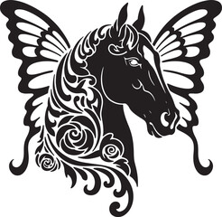 Horse with butterfly wings and intricate floral mane