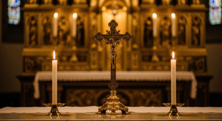 Fototapeta premium Candles and Crucifix on Table Inside Church Faith and Hope