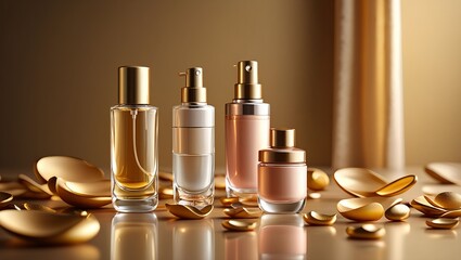 Luxurious Valentine's Beauty Display: Elegant perfume bottles with golden details on mirror-like platform