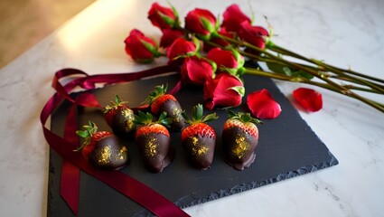 Elegant Valentine's Dessert Presentation: Premium chocolate strawberries with beautiful roses and luxurious ribbon accents