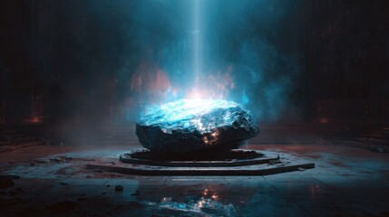 Mystical Glowing Energy Stone in an Ancient Sacred Hall with Blue Light and Orb Symbols