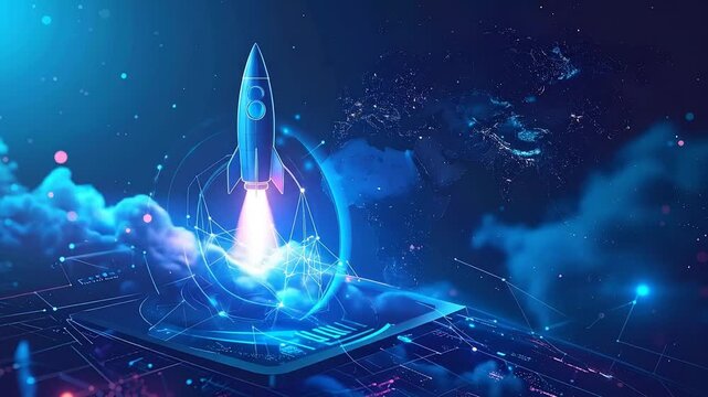 Digital Space Launch: Rocket Ascent from Futuristic Platform, Cosmic Voyage