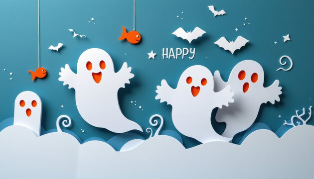 Happy ghost paper art with orange fish and bats blue background, playful Halloween decoration with cheerful spooky characters - Powered by Adobe