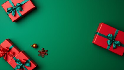 Red Christmas gift box with green ribbon bow and holly illustration on holiday present paper