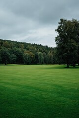 Obraz premium Lush green landscape with forested hills and overcast sky