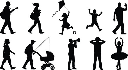 Silhouettes of people in various activities on white background