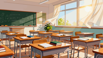 This vibrant classroom illustration features desks, books, stationery, a chalkboard, and decorative posters, creating a bright and organized space ready for learning and teaching.