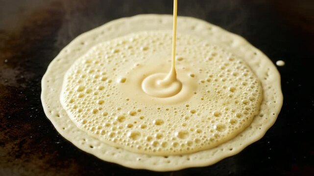 Batter being poured to make dosa on hot griddle surface, Batter is poured onto a hot griddle, sizzling and bubbling A close-up, top-down shot homely, appetizing  