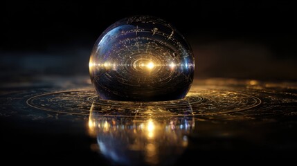 Futuristic Digital Sphere with Light and Circuit Patterns on Reflective Surface