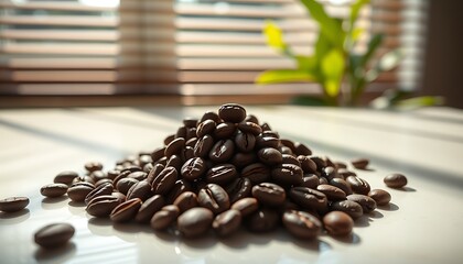Dark roasted coffee beans in a white cup and bowl on a brown wooden table for a caffeine-rich breakfast drink
