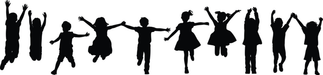 Silhouettes of eleven joyful children jumping, playful group poses, black vector illustration, cad drawing flat vector illustration