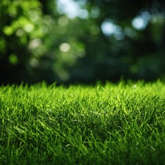 Naklejka premium Vibrant green grass in sunlit garden with blurred background