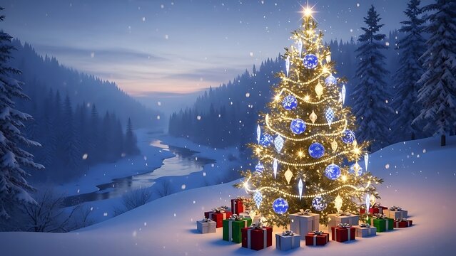 Festive Christmas Tree in Snowy Forest Landscape stock