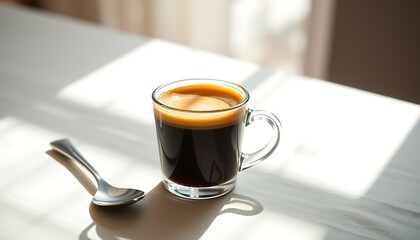 Hot cup of coffee or espresso drink on a white saucer on a brown wooden table during a morning break