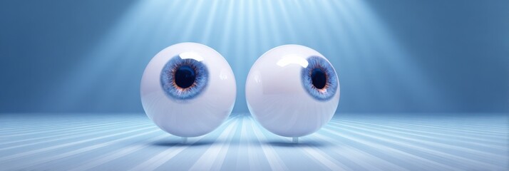 Floating realistic eyeballs on striped surface with radiant blue light