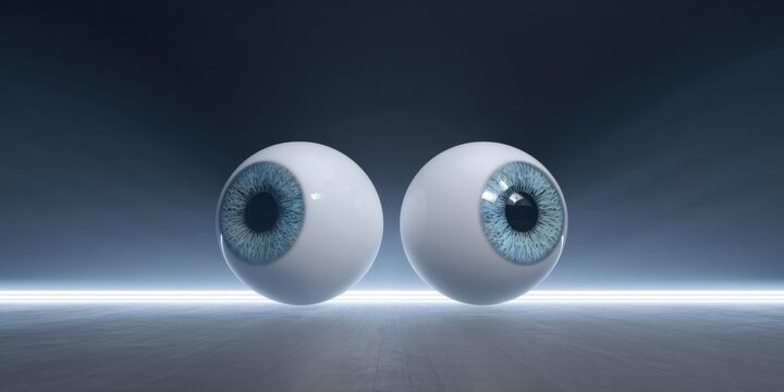 Surreal floating eyeballs in minimalist setting with blue iris reflection