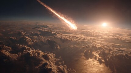 Celestial Impact Showcasing a Meteor Burning Through Earth's Atmosphere and Bright Sunset