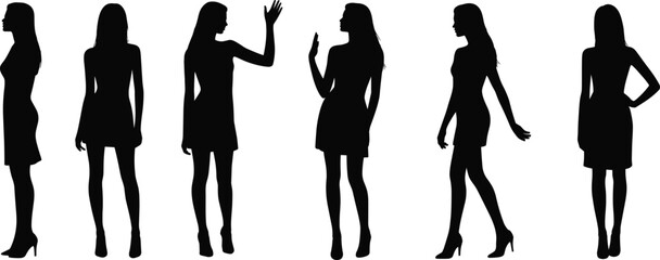 Silhouettes of six fashionable women, short dresses, confident poses, black vector illustration, cad drawing flat vector illustration