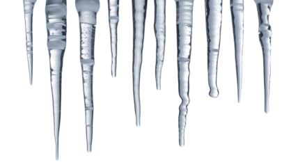 A close up abstract view of multiple sharp icicles hanging down from an unseen surface against a deep black background isolated on transparent background