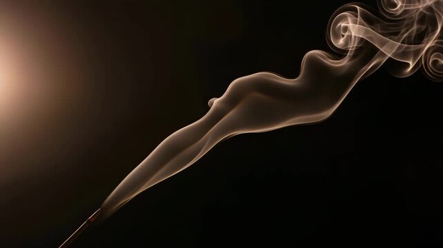 Ethereal smoke forming human figure with soft curves against darkness , Smoke from burning incense curls in slow, elegant patterns in a dark room A slow-motion shot mystical, sensual - Powered by Adobe