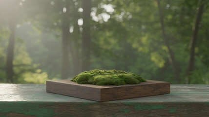 Wooden Product Display Platform with Green Moss on a Rustic Table in a Forest Setting, Ideal for Eco-Friendly Product Mockups and Natural