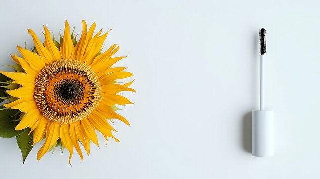 Elegant mascara wand next to vibrant sunflower on clean white backdrop for beauty advertising, makeup tutorials, and cosmetic product photography
