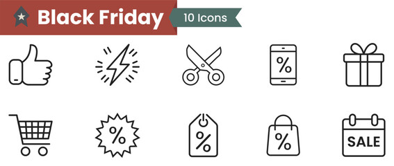 Black Friday line icon set featuring shopping, sale, discount, ecommerce, cart, flash sale, tag, badge, calendar minimal outline vector designs.