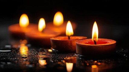 burning candles on abstract black background, contemplate celebration mood with blurry