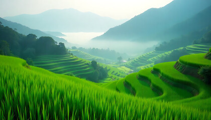 Fototapeta premium A breathtaking view of lush green rice terraces nestled in a scenic mountain valley, offering a serene and tranquil atmosphere. Perfect for projects related to agriculture, nature, and landscape photo