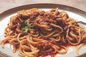 Spaghetti Bolognese, top view, close-up, without people, homemade,