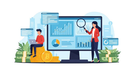 Business people analyzing financial data charts and cryptocurrency investment growth on a large computer screen with money stacks isolated on transparent background