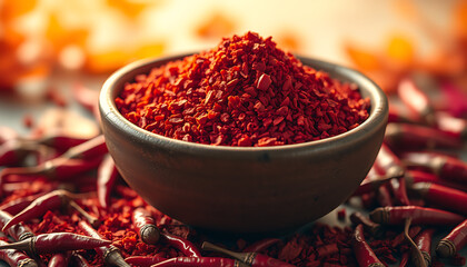 Closeup of red hot chili peppers in a white bowl with dry cooking spices and raw vegetable seasoning