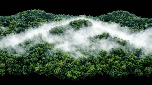 A dense, vibrant green forest with rolling hills covered in lush trees. Wisps of white mist and fog weave through the landscape, creating a mystical and atmosph