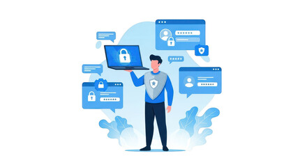 Man holding laptop with padlock icon symbolizing cybersecurity data protection and secure login access in digital environment isolated on transparent background