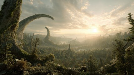 Mystical Alien Forest with Gigantic Curved Trees and Sunset Lighting in Fantasy World