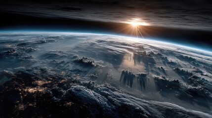 A breathtaking view of Earth from space with the sunrise illuminating the atmosphere and clouds