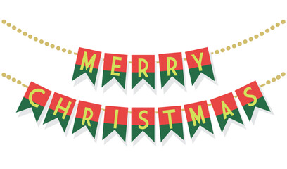 Golden abstract hanging circles strings with red and green paper cut Merry Christmas message in separate letters banners decoration with shadow design elements on white background