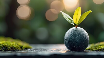 A dark, textured sphere with a new green sprout growing from its top, sits on a moss-covered surface. Soft, out-of-focus bokeh lights create a gentle, natural b