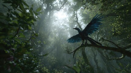 Mystical Black Bird with Blue Highlights perches on a tree branch in a foggy forest