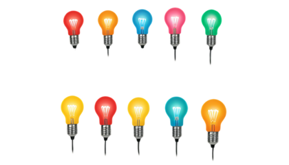 A clean collection featuring an isolated croissant on transparent background, a sleek modern jug, a set of colorful glowing idea bulbs, paper clips, and detailed magnifying glasses for high-quality de