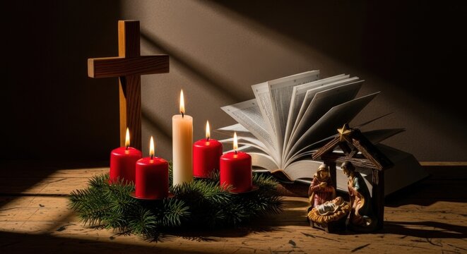 A wooden cross stands beside lit candles on a rustic table. An open book lies nearby, and a nativity scene is displayed with greenery.