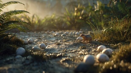 Tiny Dinosaur Hatchling Surrounded by Eggs in a Forest Landscape at Sunrise