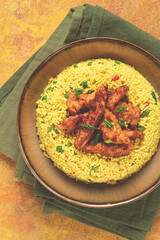 crispy chicken fillet in soy sauce, with fried rice, homemade, no people,